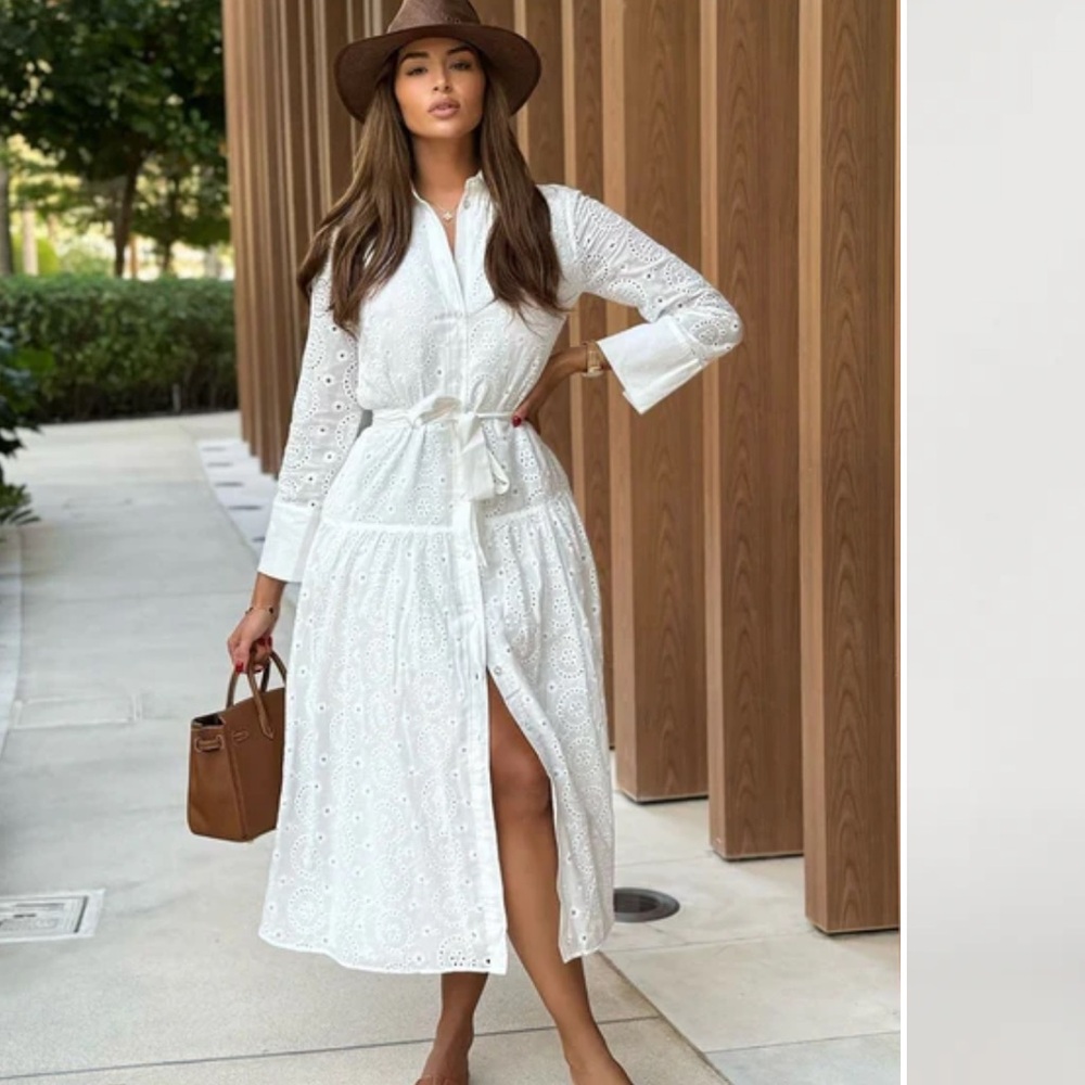 Fashion Nova White Long Sleeve Eyelet Dress - Pilar Maxi Dress